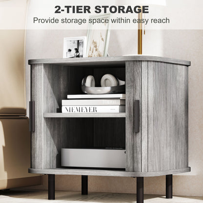 Nightstand with Sliding Doors and Metal Legs for Bedroom Grey