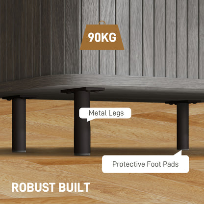 Nightstand with Sliding Doors and Metal Legs for Bedroom Grey