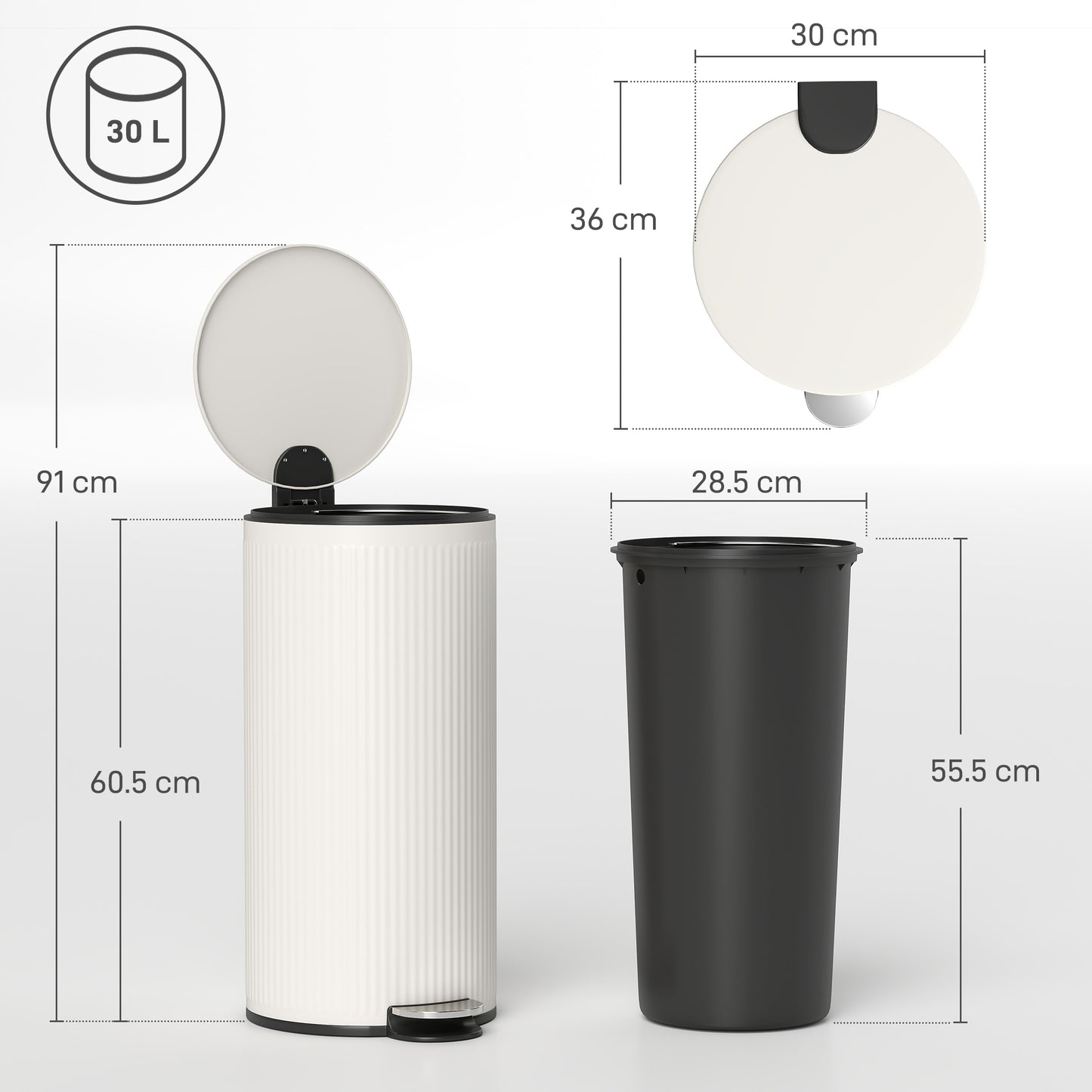Kitchen Bin, 30 Litre Pedal Rubbish Bin with Removable Bucket, Black