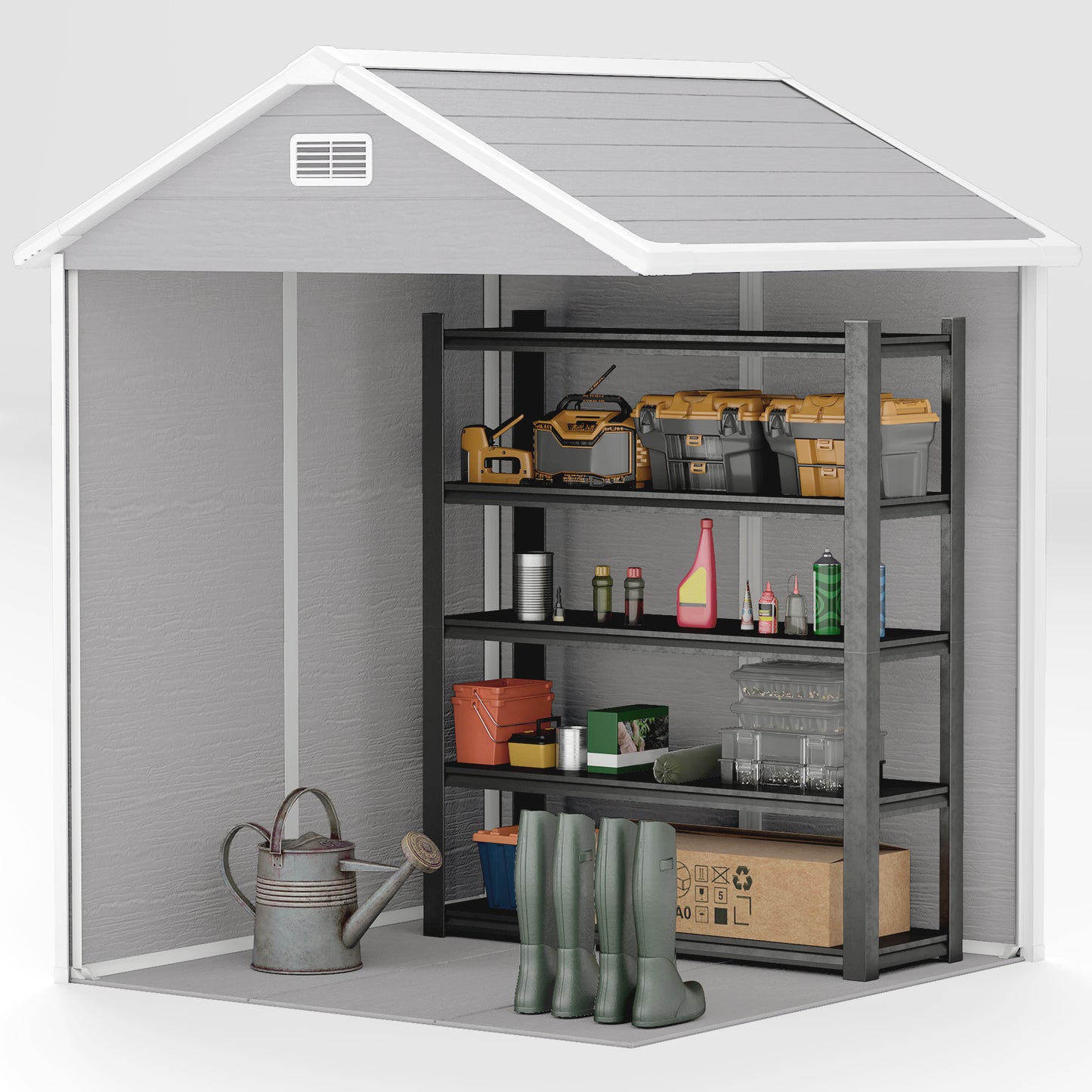 6 x 5ft Garden Shed, Plastic Shed with Floor, Window, Lockable Doors and Vents,  Light Grey