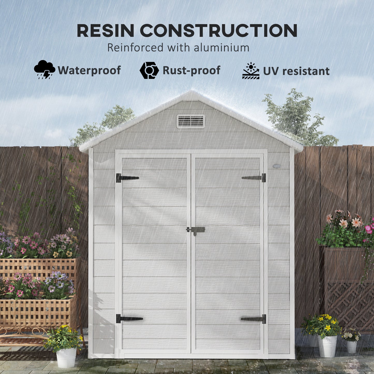 6 x 5ft Garden Shed, Plastic Shed with Floor, Window, Lockable Doors and Vents,  Light Grey