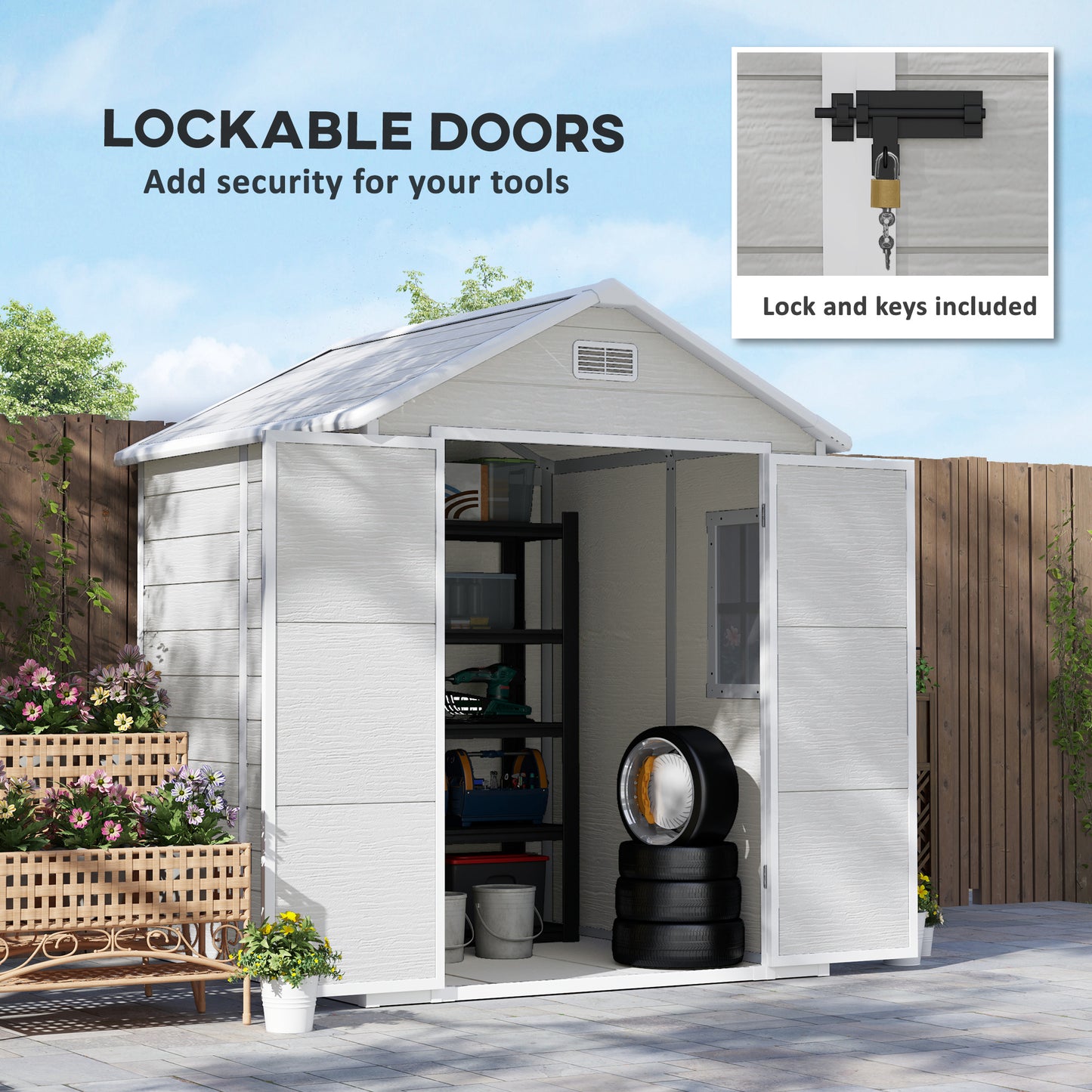 6 x 5ft Garden Shed, Plastic Shed with Floor, Window, Lockable Doors and Vents,  Light Grey