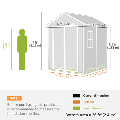 6 x 5ft Garden Shed, Plastic Shed with Floor, Window, Lockable Doors and Vents,  Light Grey
