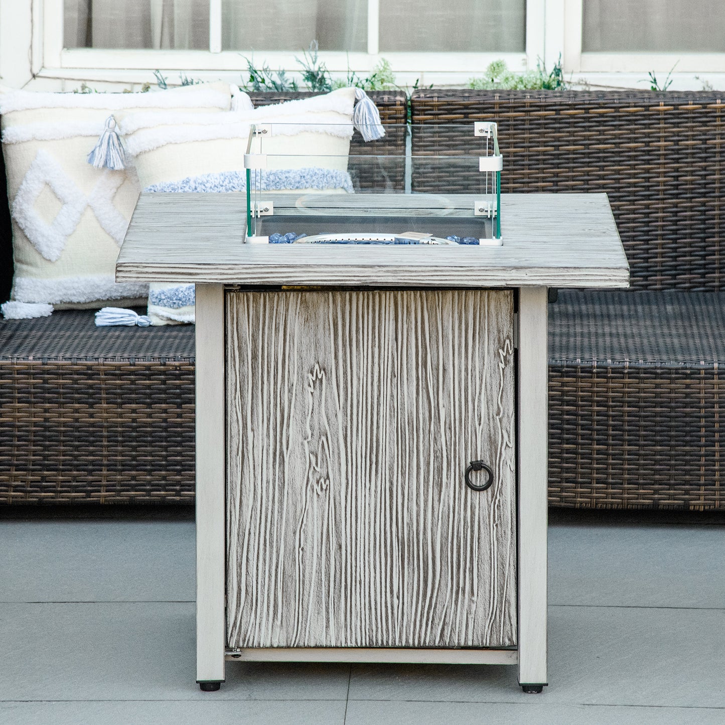 Gas Fire Pit Table with 40,000 BTU Burner, Cover, Glass Screen, Grey