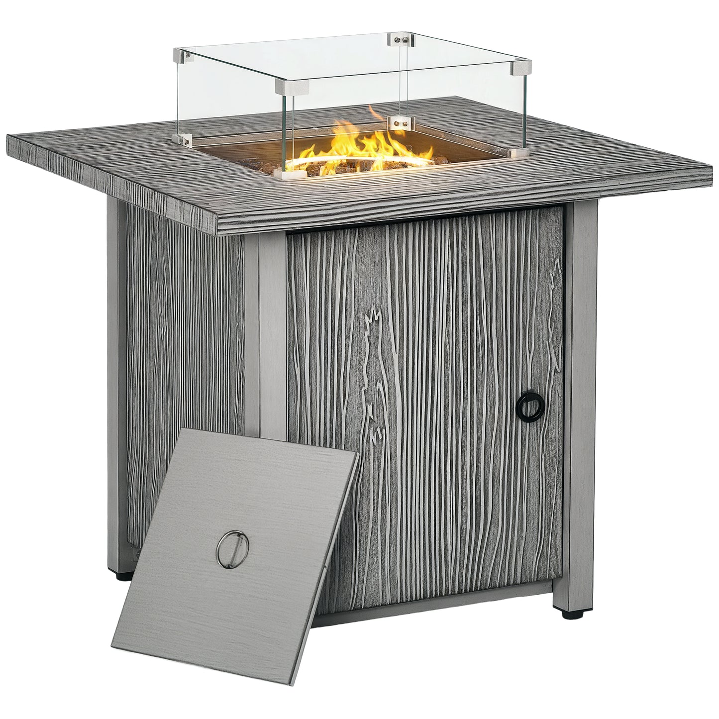 Gas Fire Pit Table with 40,000 BTU Burner, Cover, Glass Screen, Grey