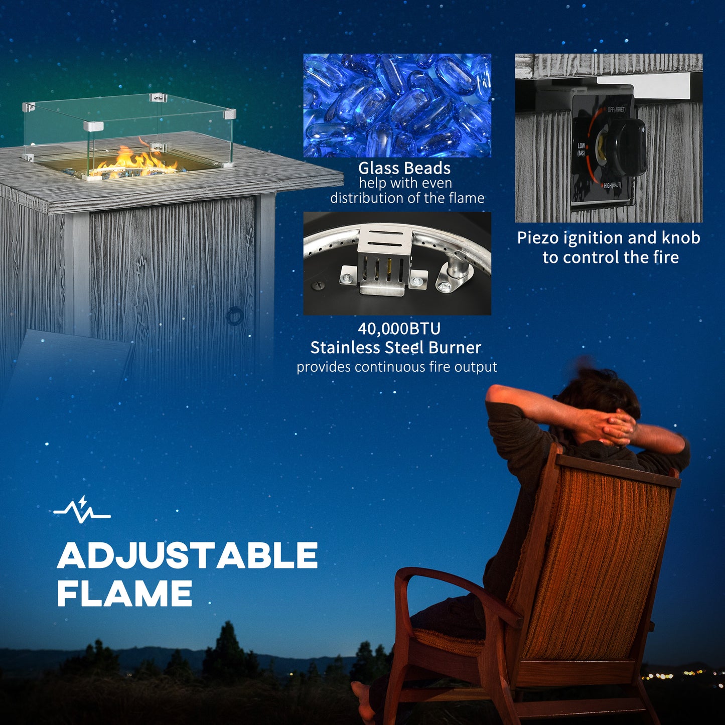 Gas Fire Pit Table with 40,000 BTU Burner, Cover, Glass Screen, Grey