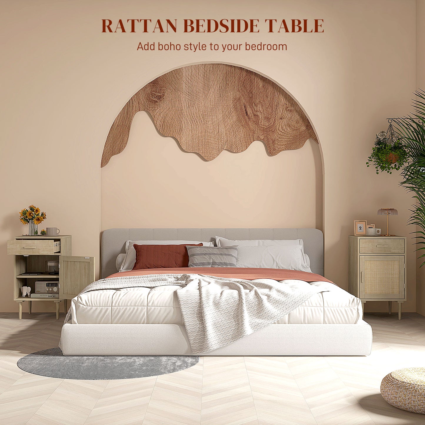 Bedside Table with Rattan Drawer, Cabinet and Adjustable Shelf, Natural