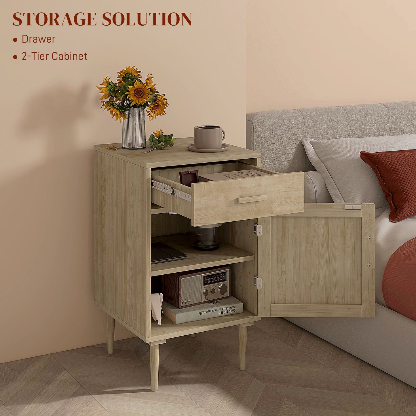 Bedside Table with Rattan Drawer, Cabinet and Adjustable Shelf, Natural