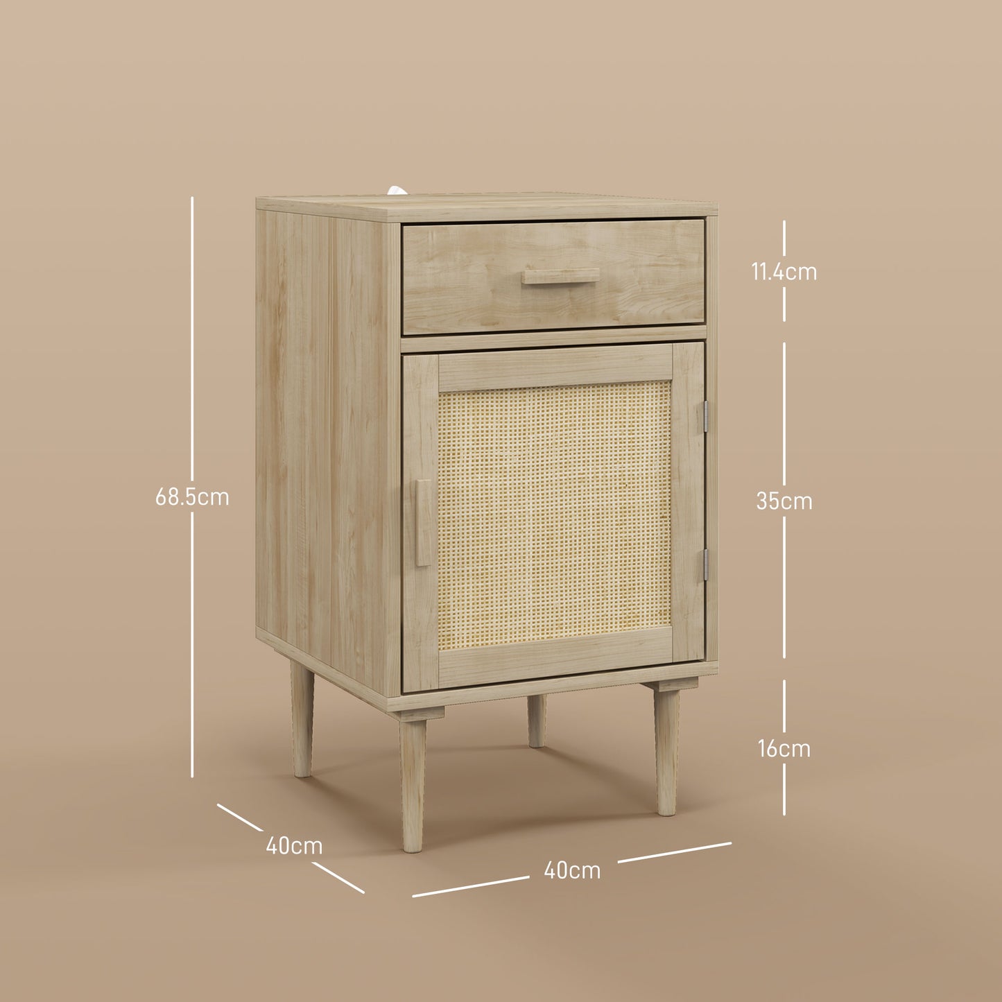 Bedside Table with Rattan Drawer, Cabinet and Adjustable Shelf, Natural