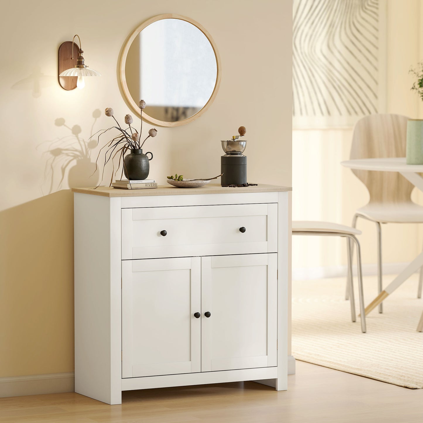 Sideboard, Kitchen Storage Cabinet w/ Adjustable Shelf, Drawer, Cream