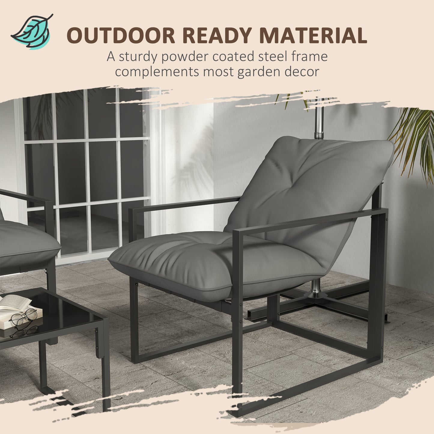 4 Piece Garden Sofa Set 2 Single Armchair, Loveseat and Coffee Table Set Steel Frame Patio Furniture with Thick Cushions, Grey