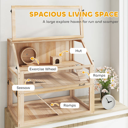 Wooden Hamster Cage w/ Detachable Bottom, Hut, Seesaw, Natural