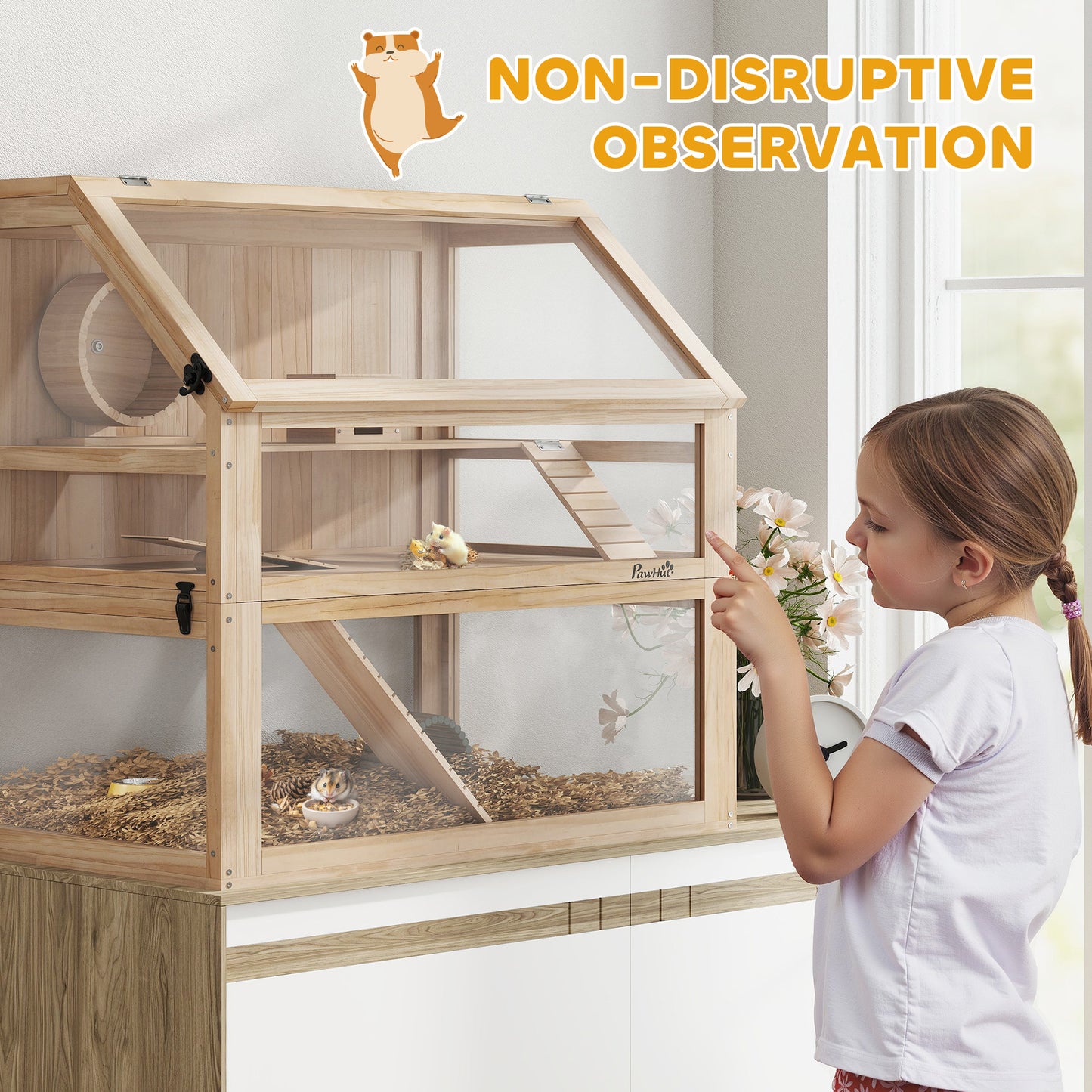 Wooden Hamster Cage w/ Detachable Bottom, Hut, Seesaw, Natural