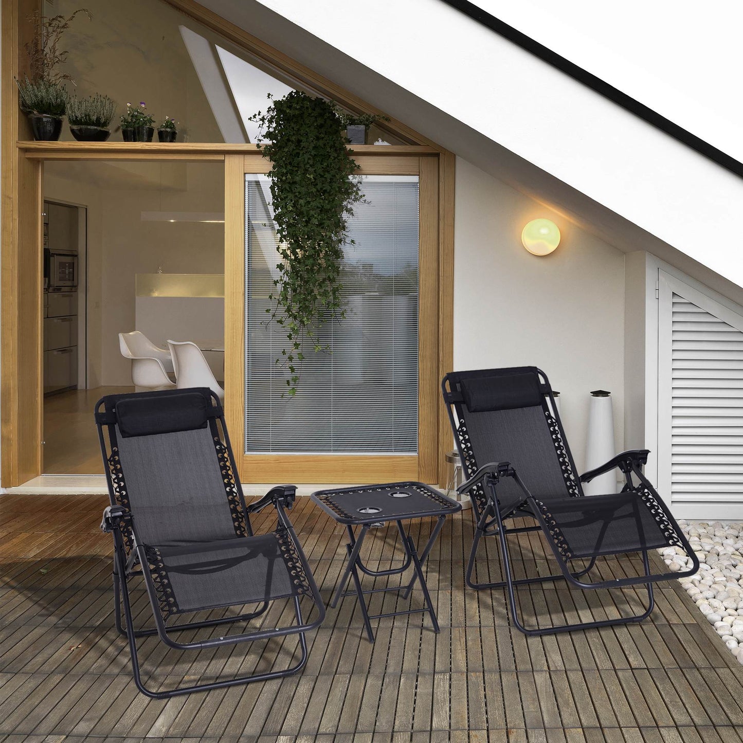 3PC Zero Gravity Chairs Sun Lounger Table Set w/ Cup Holders, Black