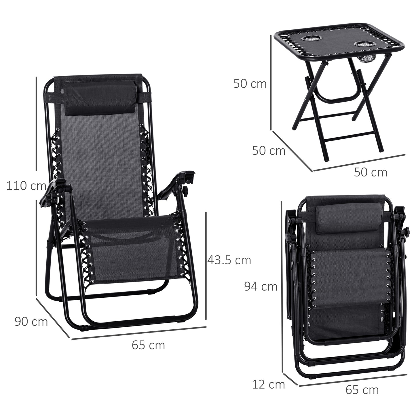 3PC Zero Gravity Chairs Sun Lounger Table Set w/ Cup Holders, Black
