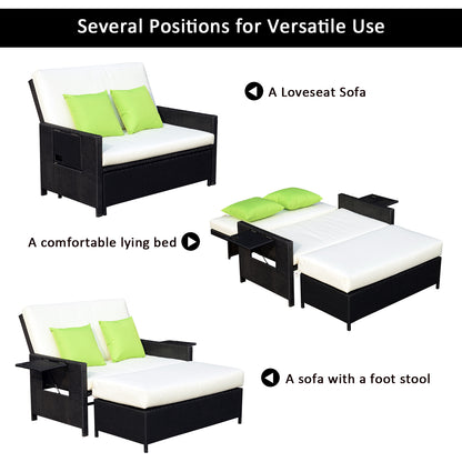 Outsunny 2 Seater Assembled Garden Patio Outdoor Rattan Furniture Sofa Sun Lounger Daybed with Fire Retardant Cotton - Black