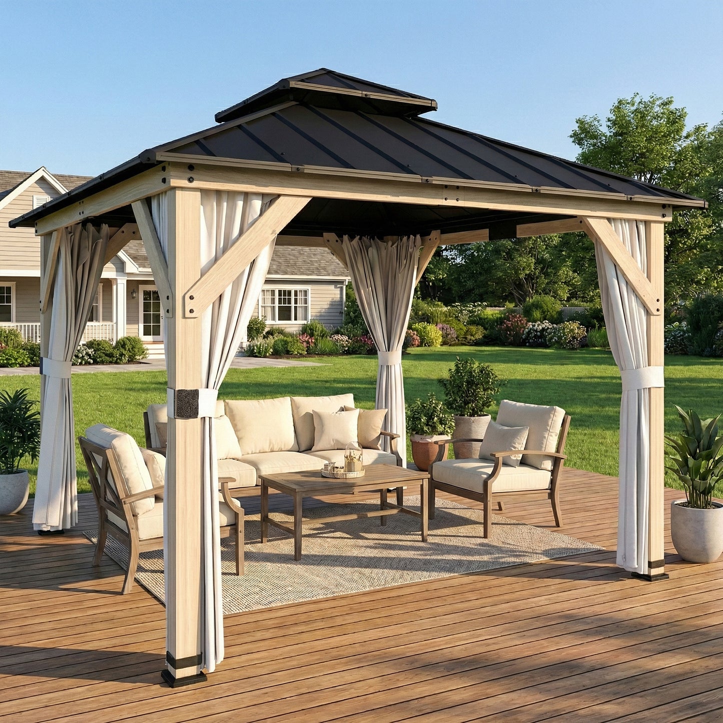 3 x 3 m Hardtop Gazebo, Double Roof Garden Gazebo, Light Grey