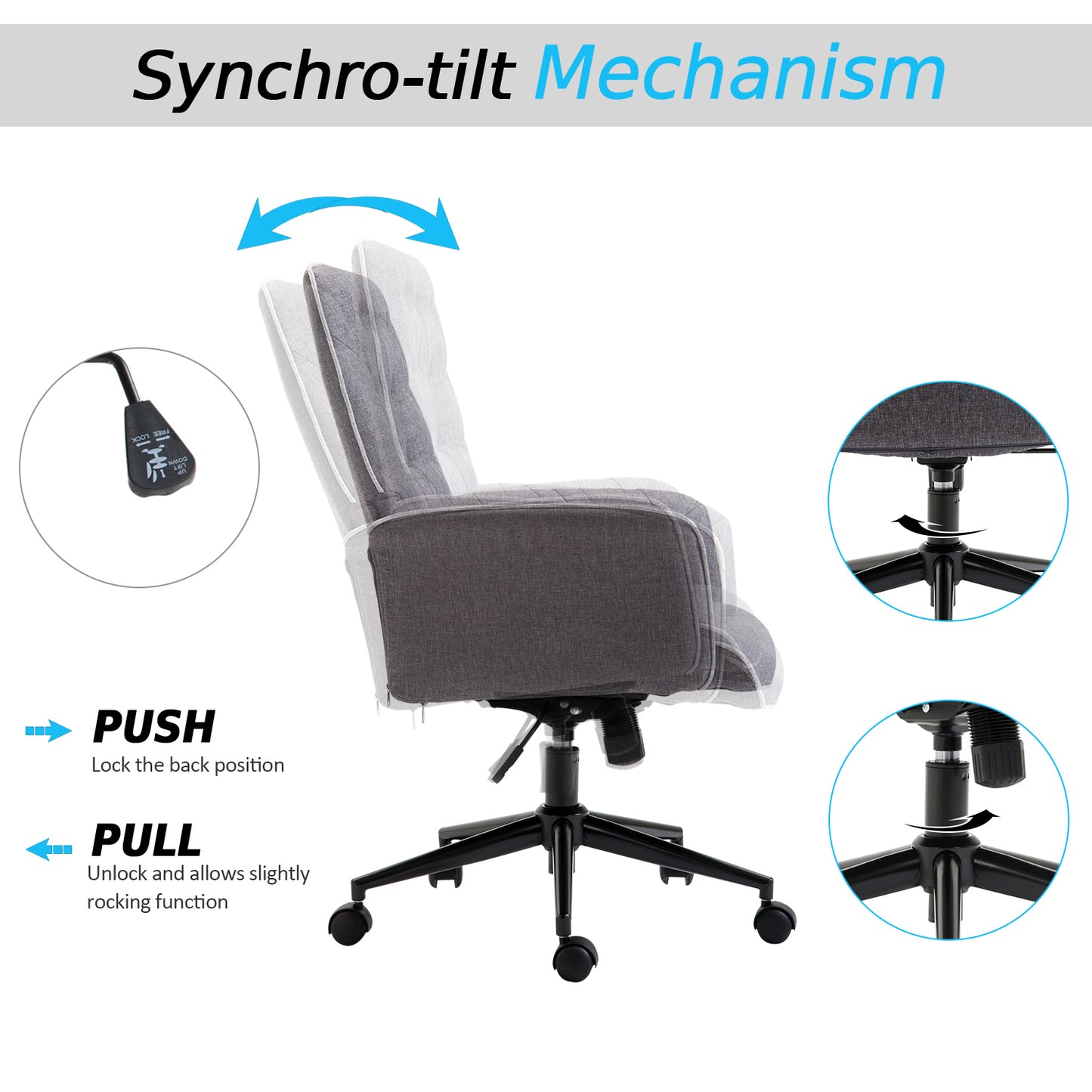 Office Chair Task Adjustable Height Mid Back Armrest Tilt Linen Grey