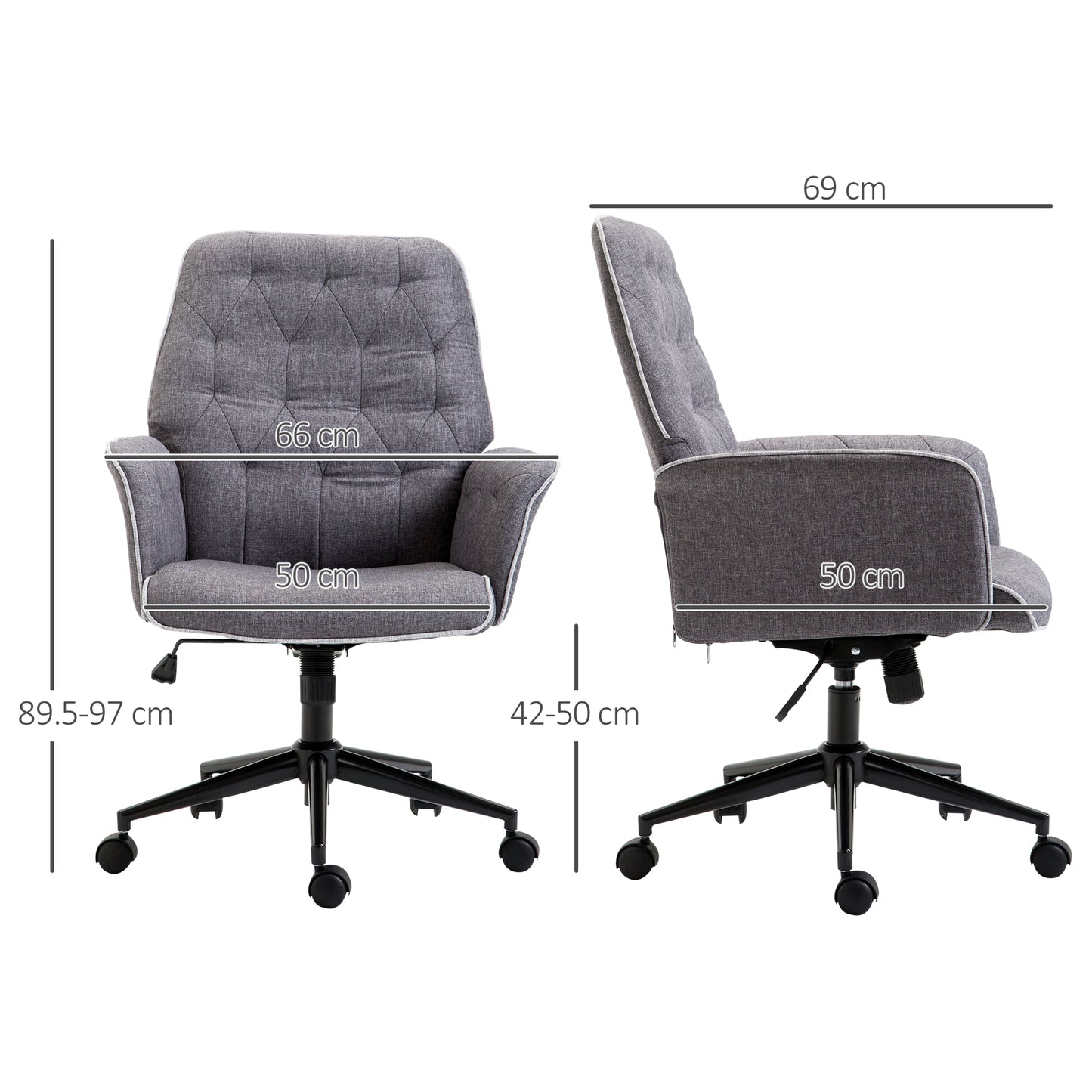 Office Chair Task Adjustable Height Mid Back Armrest Tilt Linen Grey