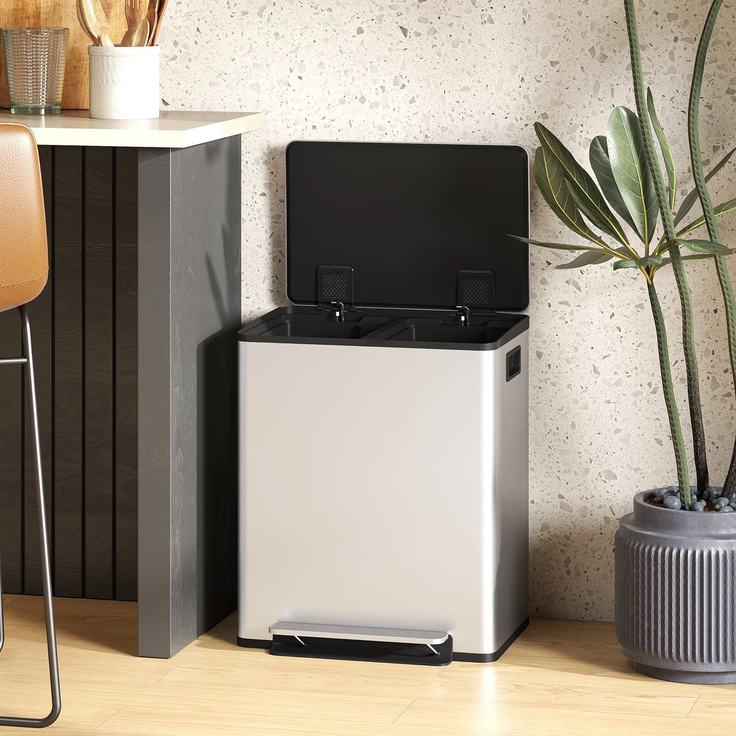 2 x 25L Double Kitchen Bin, Pedal Bin with Soft-Close Lid, Silver