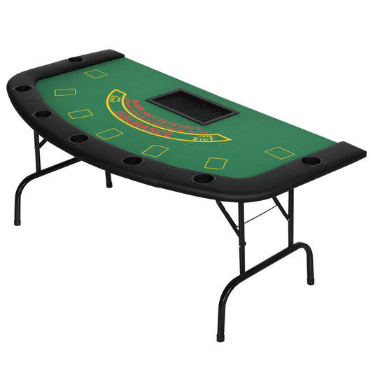 7 Player Poker Table, 182 cm Folding Blackjack Table with Chip Tray, Cup Holders, Padded Rails, Portable Half-shape Card Game Tables with Felt Top and Metal Base, Green