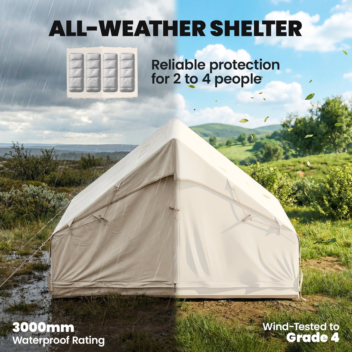 Inflatable Camping Tent with Air Pump, Easy Setup 2-4 Person Blow Up Glamping Tent, 3000mm Waterproof with Mesh Windows and Carry Bag, House Design for Family Weekend Camping, Beige