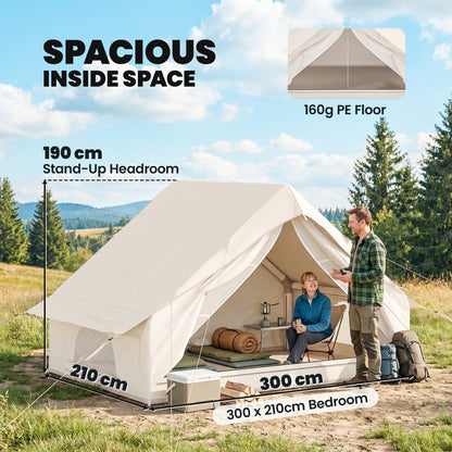 Inflatable Camping Tent with Air Pump, Easy Setup 2-4 Person Blow Up Glamping Tent, 3000mm Waterproof with Mesh Windows and Carry Bag, House Design for Family Weekend Camping, Beige