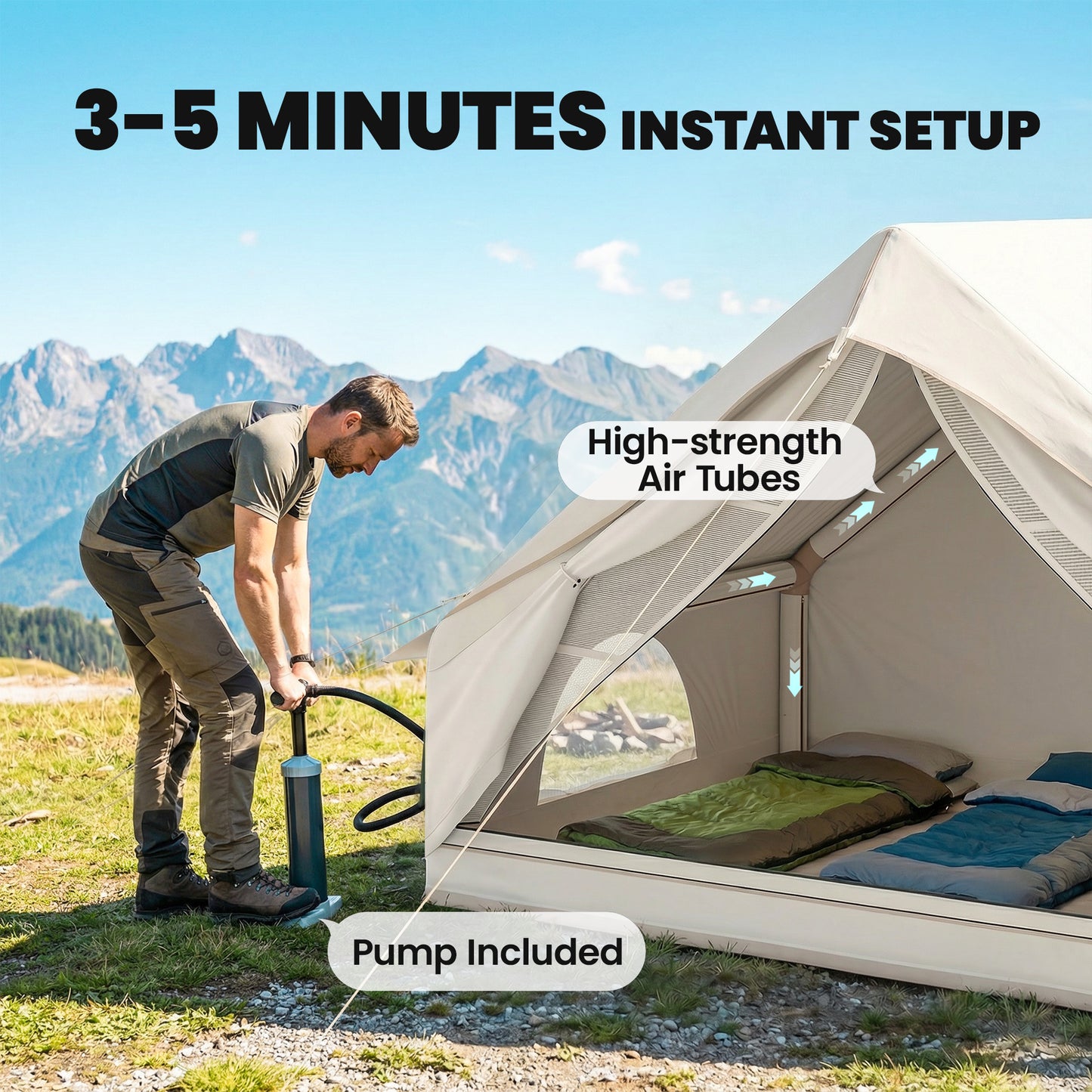 Inflatable Camping Tent with Air Pump, Easy Setup 2-4 Person Blow Up Glamping Tent, 3000mm Waterproof with Mesh Windows and Carry Bag, House Design for Family Weekend Camping, Beige