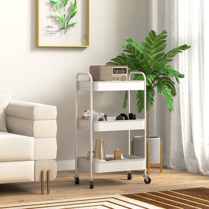 3 Tier Rolling Utility Cart with 3 Mesh Basket, White