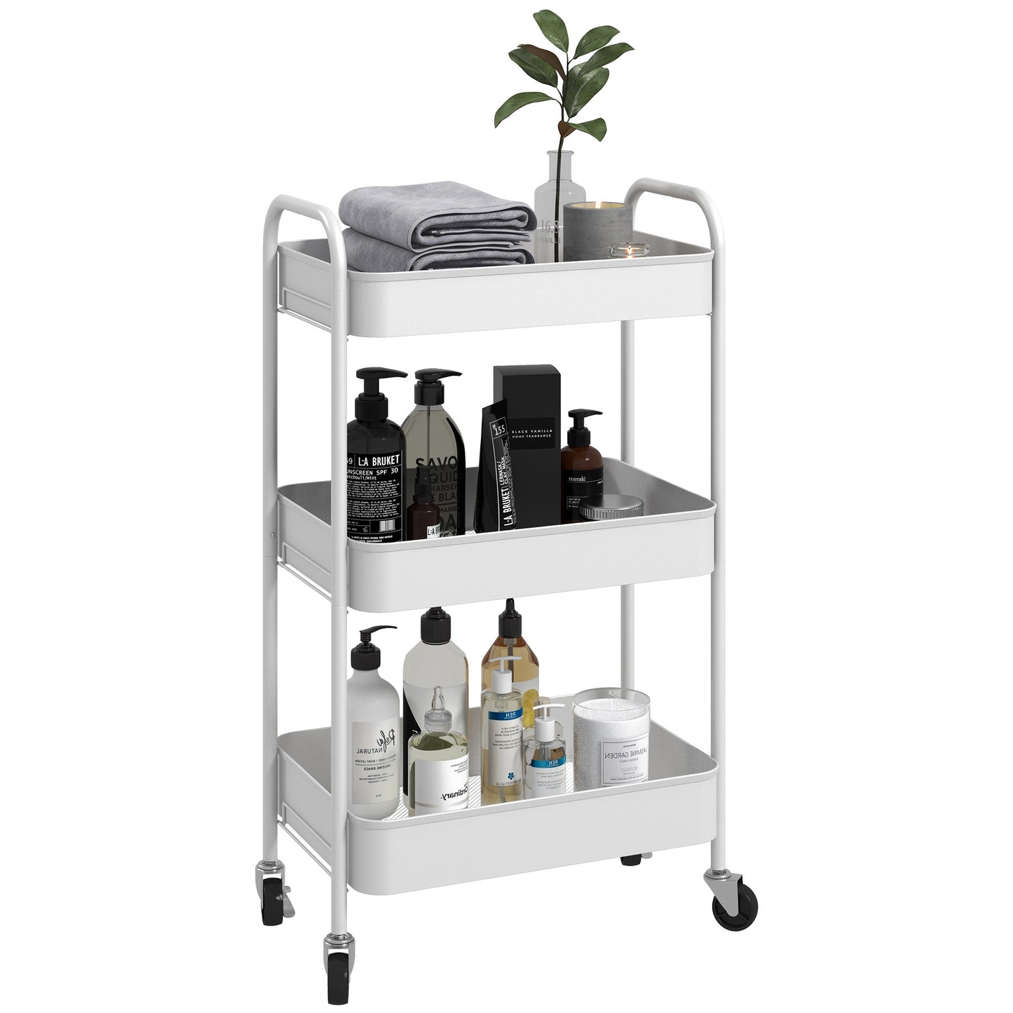 3 Tier Rolling Utility Cart with 3 Mesh Basket, White