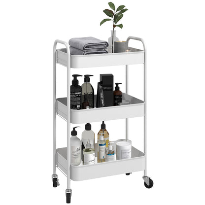 3 Tier Rolling Utility Cart with 3 Mesh Basket, White