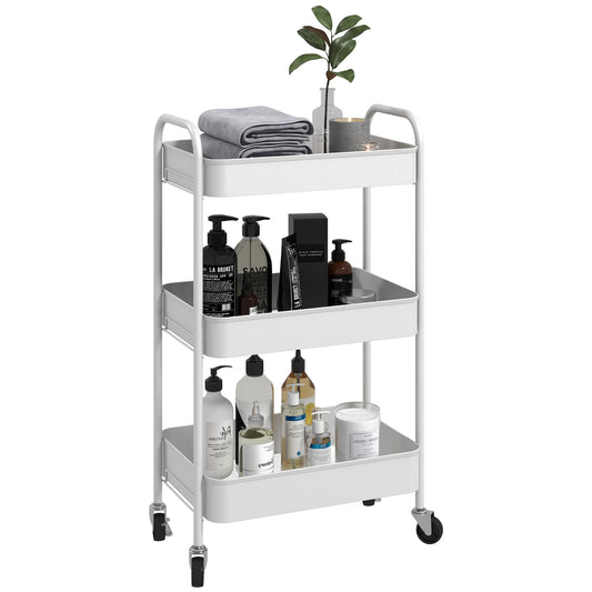 3 Tier Rolling Utility Cart with 3 Mesh Basket, White