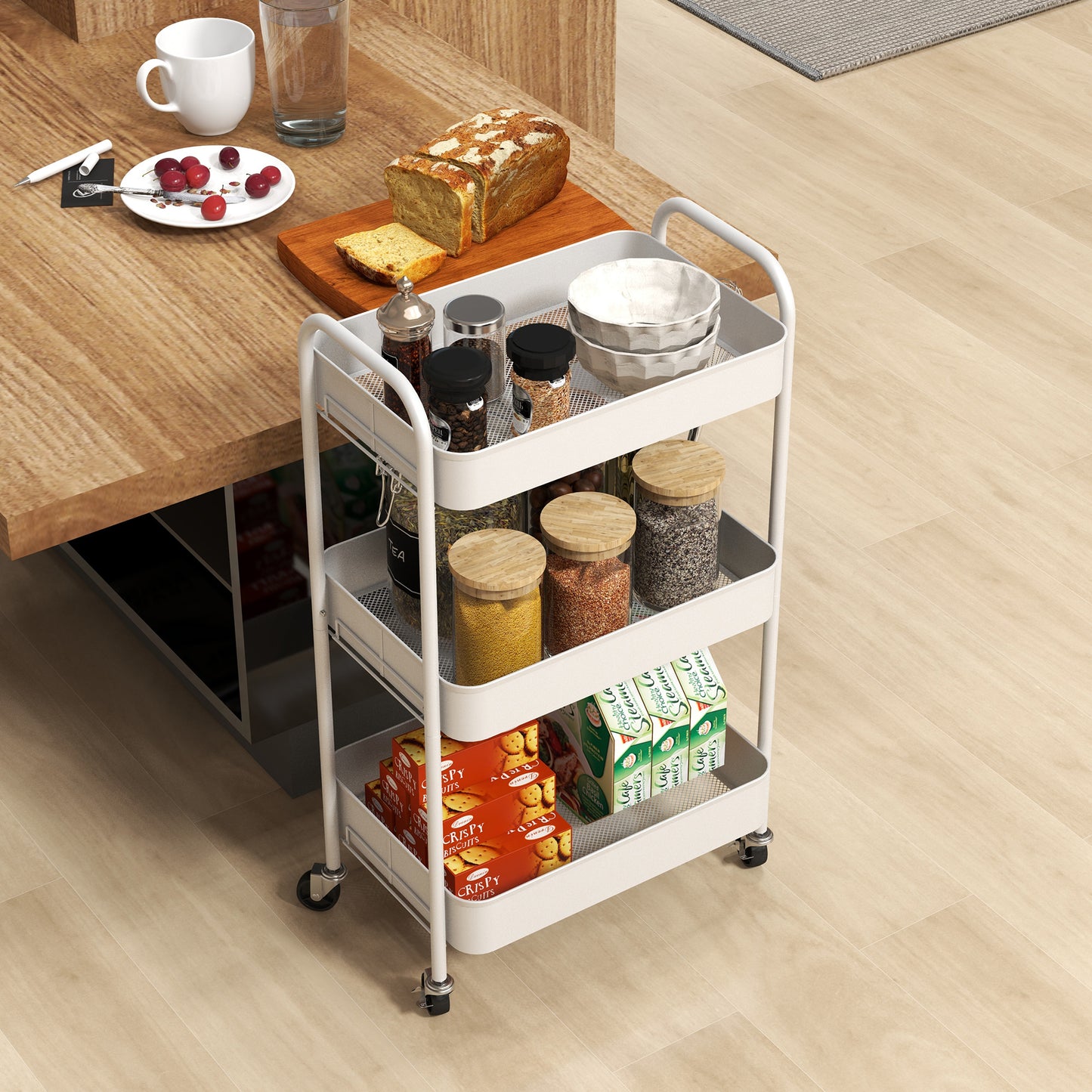 3 Tier Rolling Utility Cart with 3 Mesh Basket, White