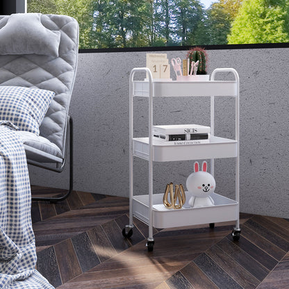 3 Tier Rolling Utility Cart with 3 Mesh Basket, White