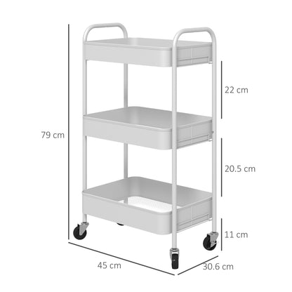 3 Tier Rolling Utility Cart with 3 Mesh Basket, White
