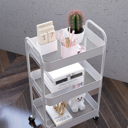 3 Tier Rolling Utility Cart with 3 Mesh Basket, White