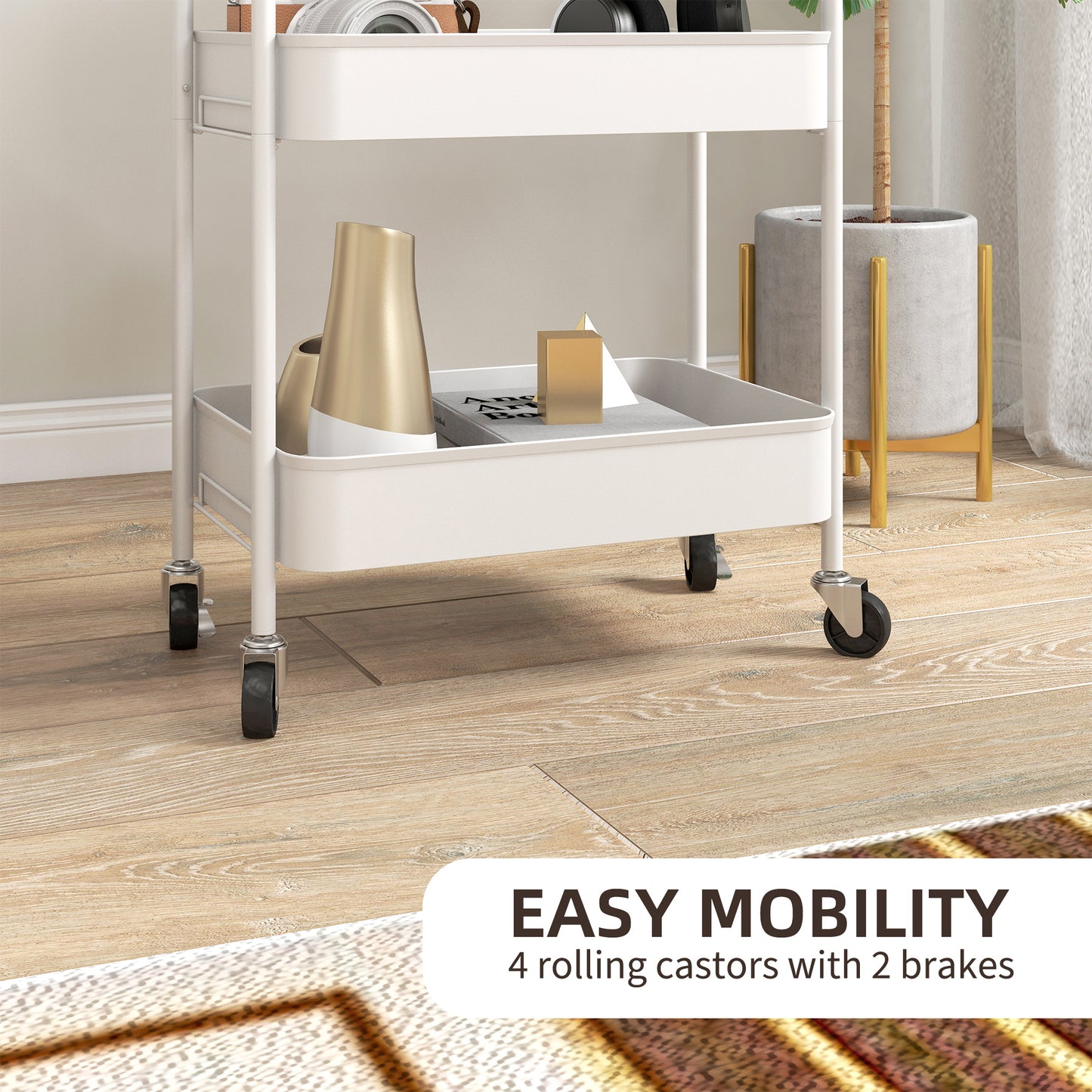 3 Tier Rolling Utility Cart with 3 Mesh Basket, White