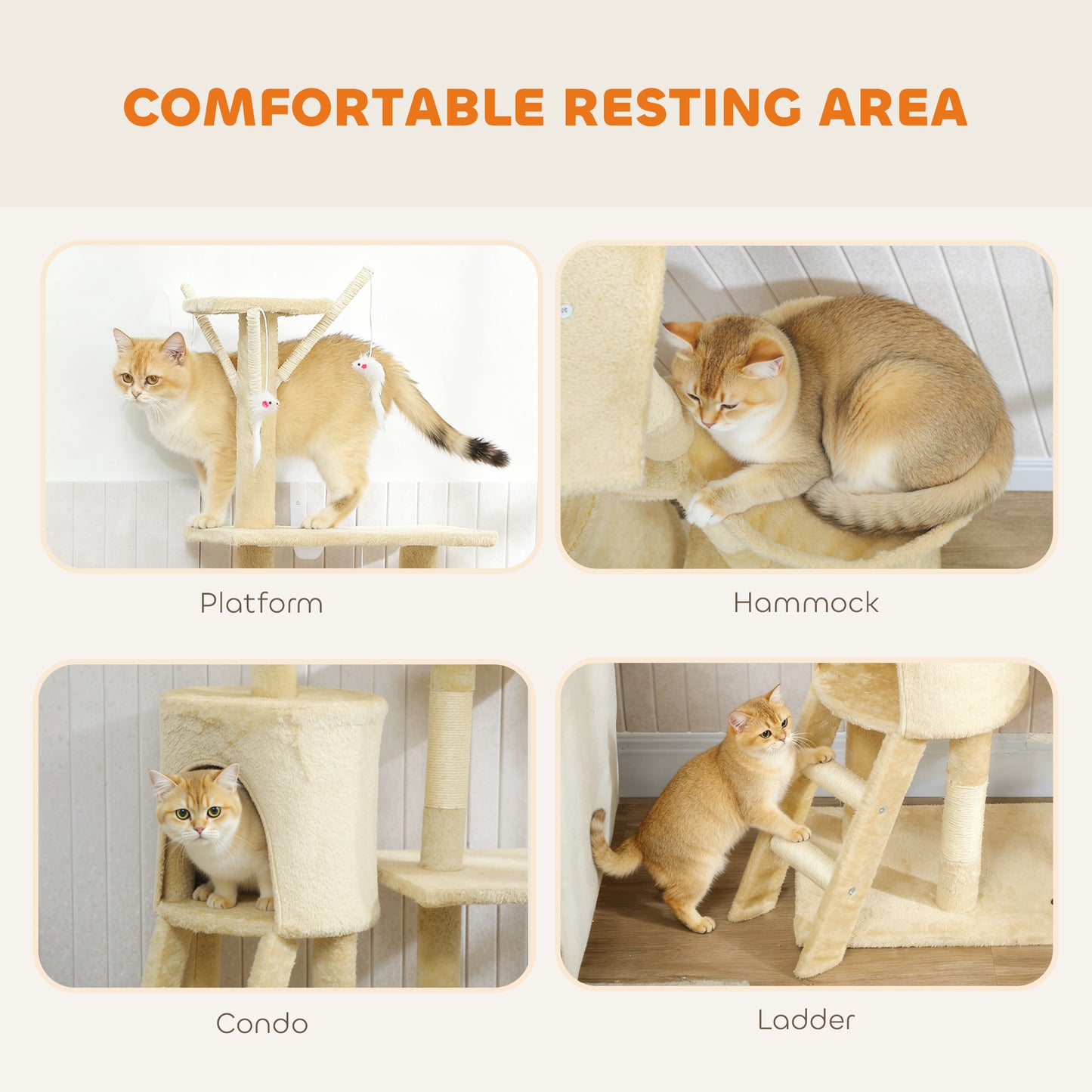 Cat Tree for Indoor Cats, 134cm Scratching Post Climbing Tower, Beige