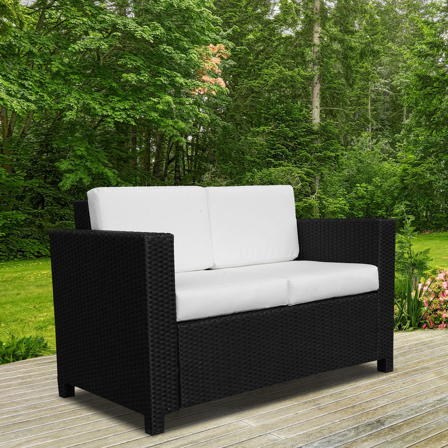 Rattan Wicker 2-seat Loveseat Padded Garden Furniture Black