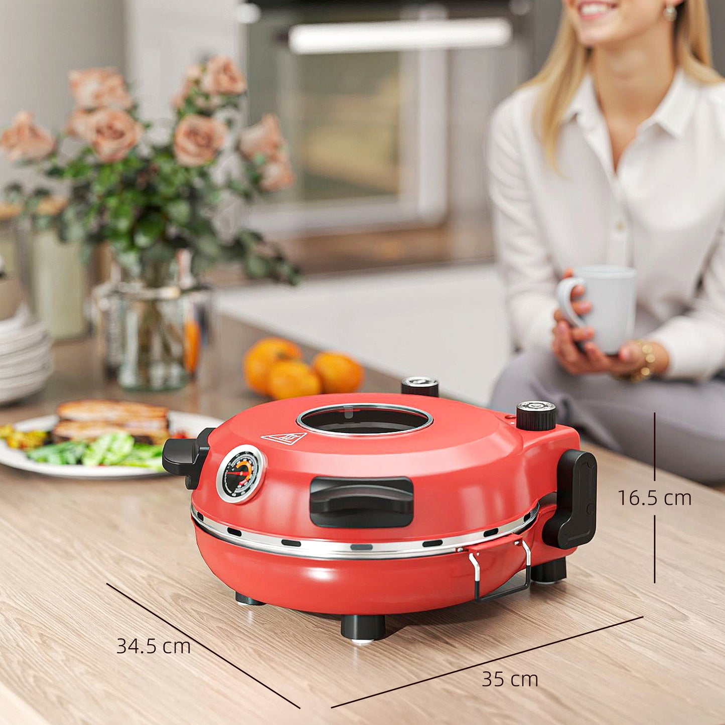 1200W Pizza Oven, Pizza Maker, 5-Min Crisp, Dual Knob Control, Red