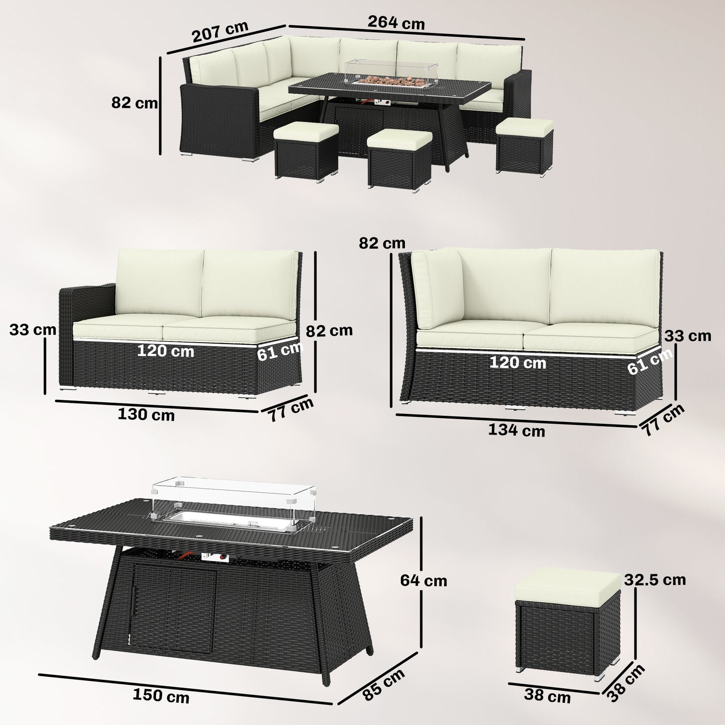 7 Pieces Rattan Garden Furniture Set w/ 50,000 BTU Fire Pit Table Black