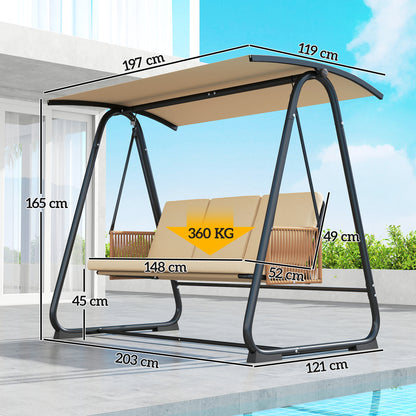 3 Seater Garden Swing Chair with Adjustable Canopy, Sand Brown