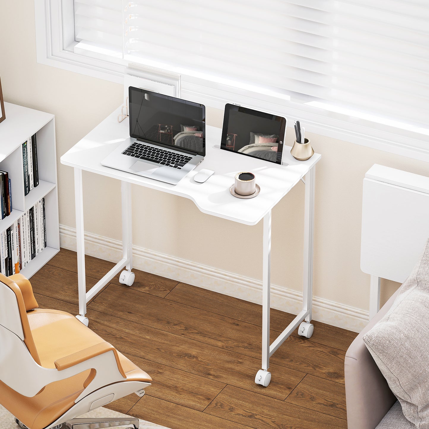Small Writing Desk with Wheels, Folding Study Table, White