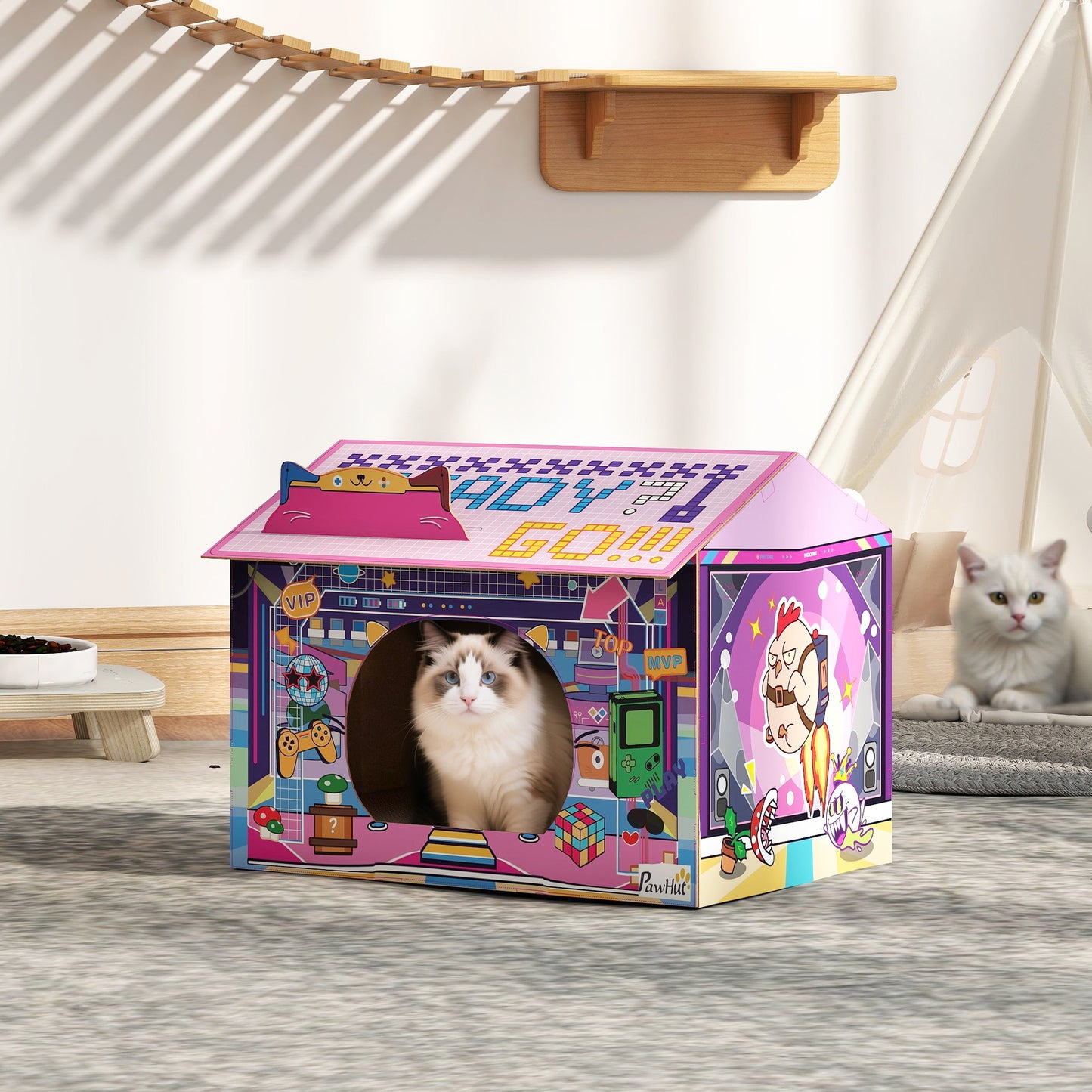 Cardboard Cat House with Scratching Board & Catnip, Gaming Style