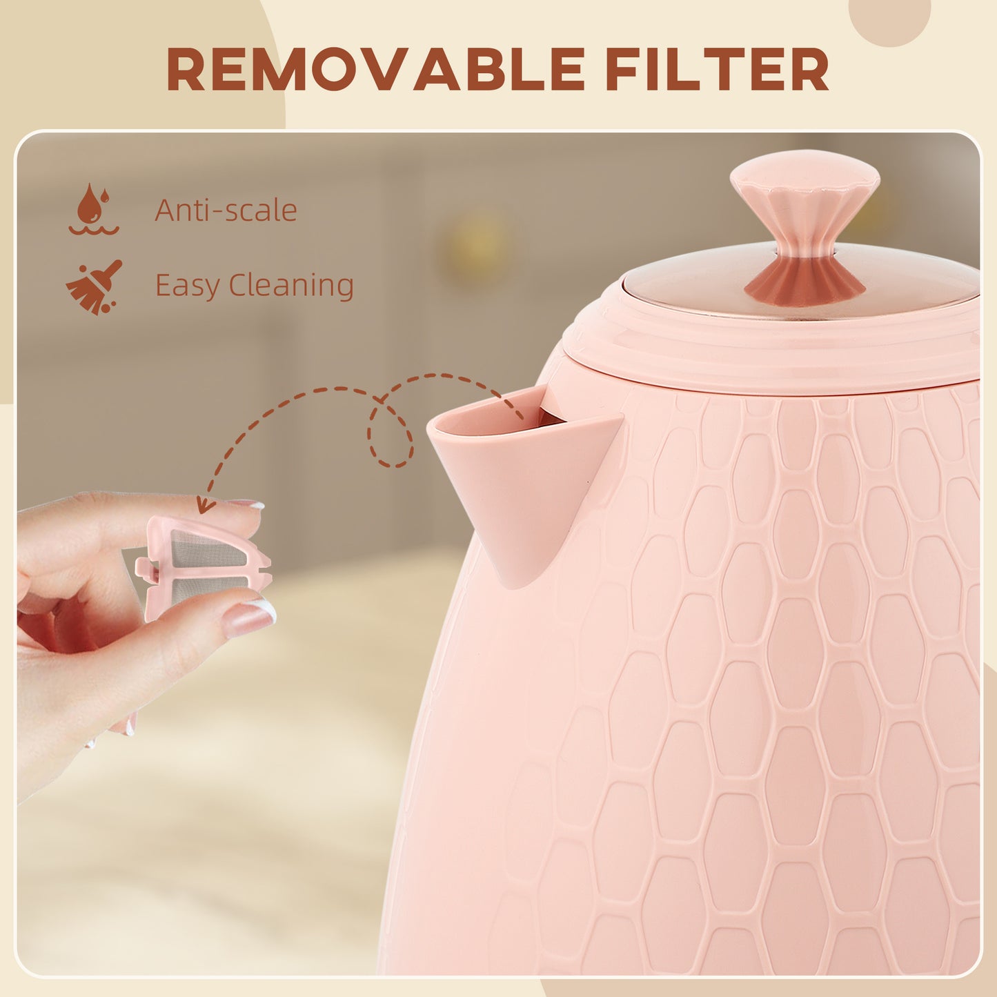 Electric Kettle, Fast Boil, 1.7L, 3kW, Auto Shut-off, Light Pink