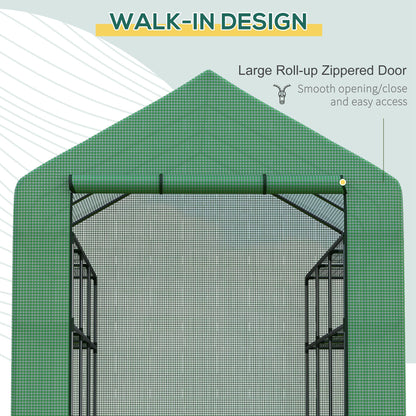 Walk-in Greenhouse with 4 Tier 24 Shelves, Portable Grow House with Roll-up Door, 244 x 180 x 210cm, Green