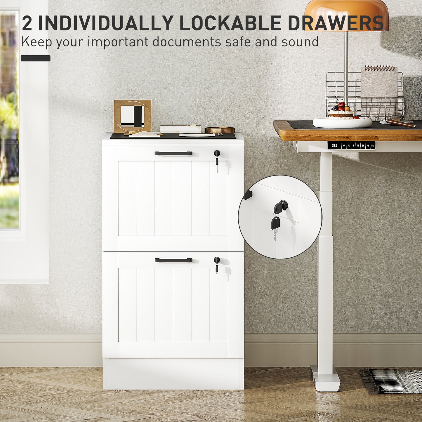 2 Drawer File Cabinet with Lock and Adjustable Hanging Bars, White