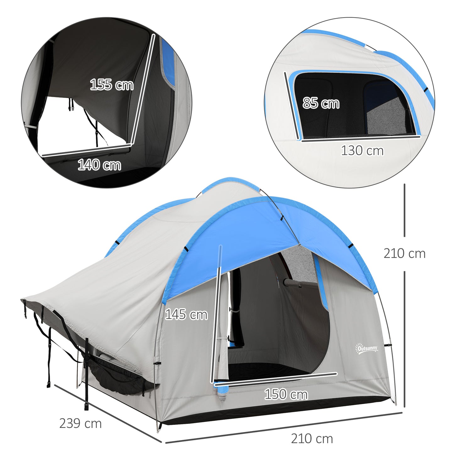 SUV Car Tent for Camping, Waterproof PU2000mm, 5 Man Tailgate Tent, for SUV Van Pickup, 2.4 x 2.1 m, Grey and Blue