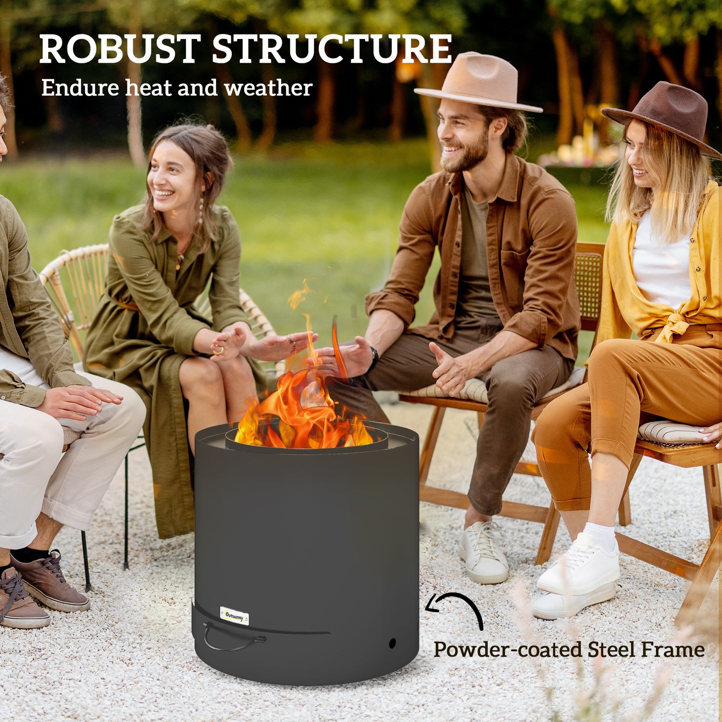 Outdoor Round Fire Pit with Ash Tray and Fire Poker, Black
