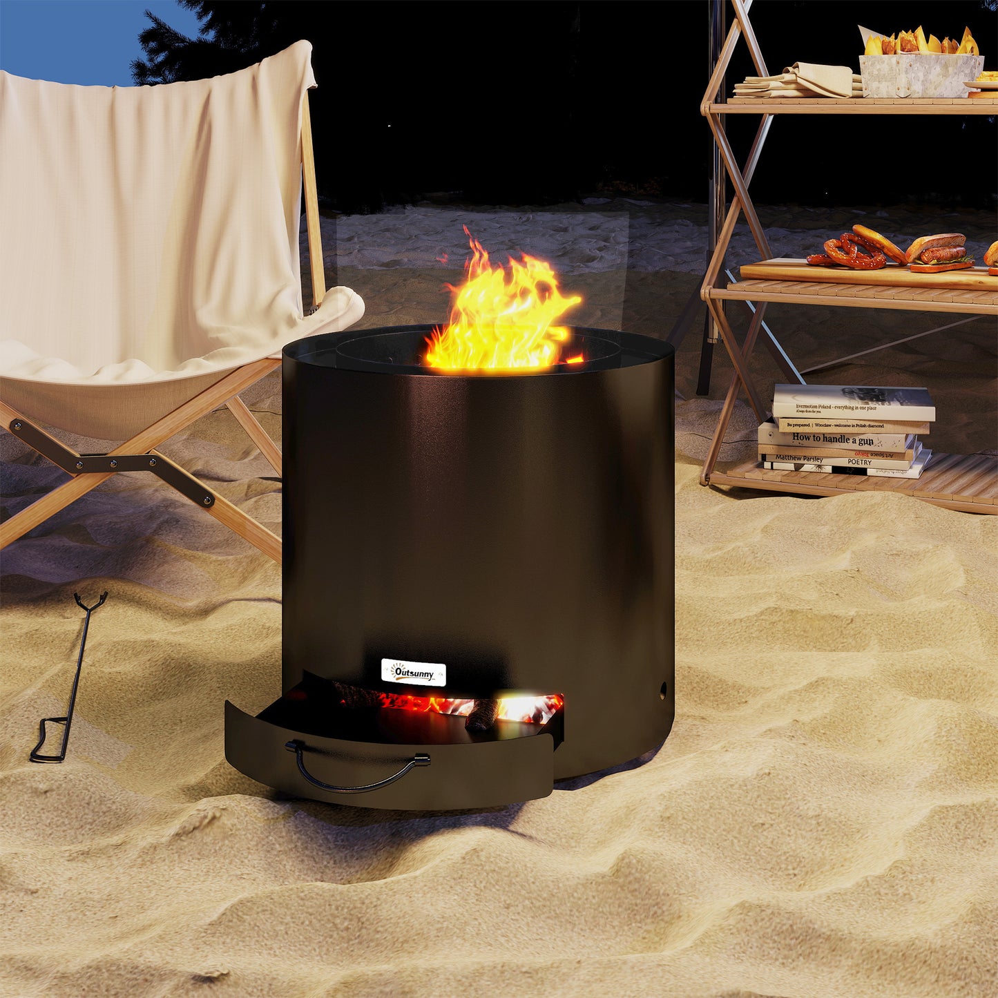 Outdoor Round Fire Pit with Ash Tray and Fire Poker, Black